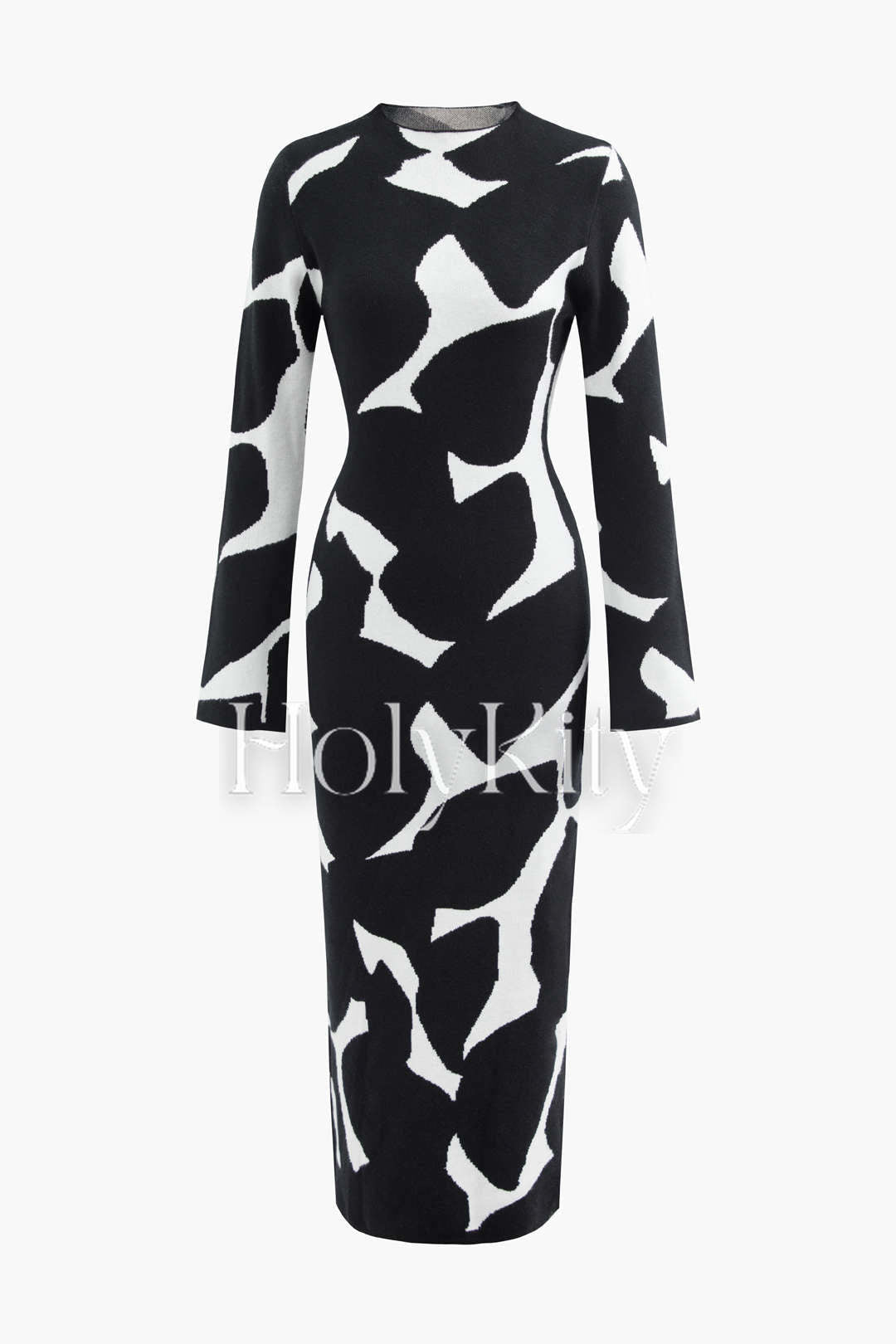 Robe longue en tricot noir et blanc à manches longues 