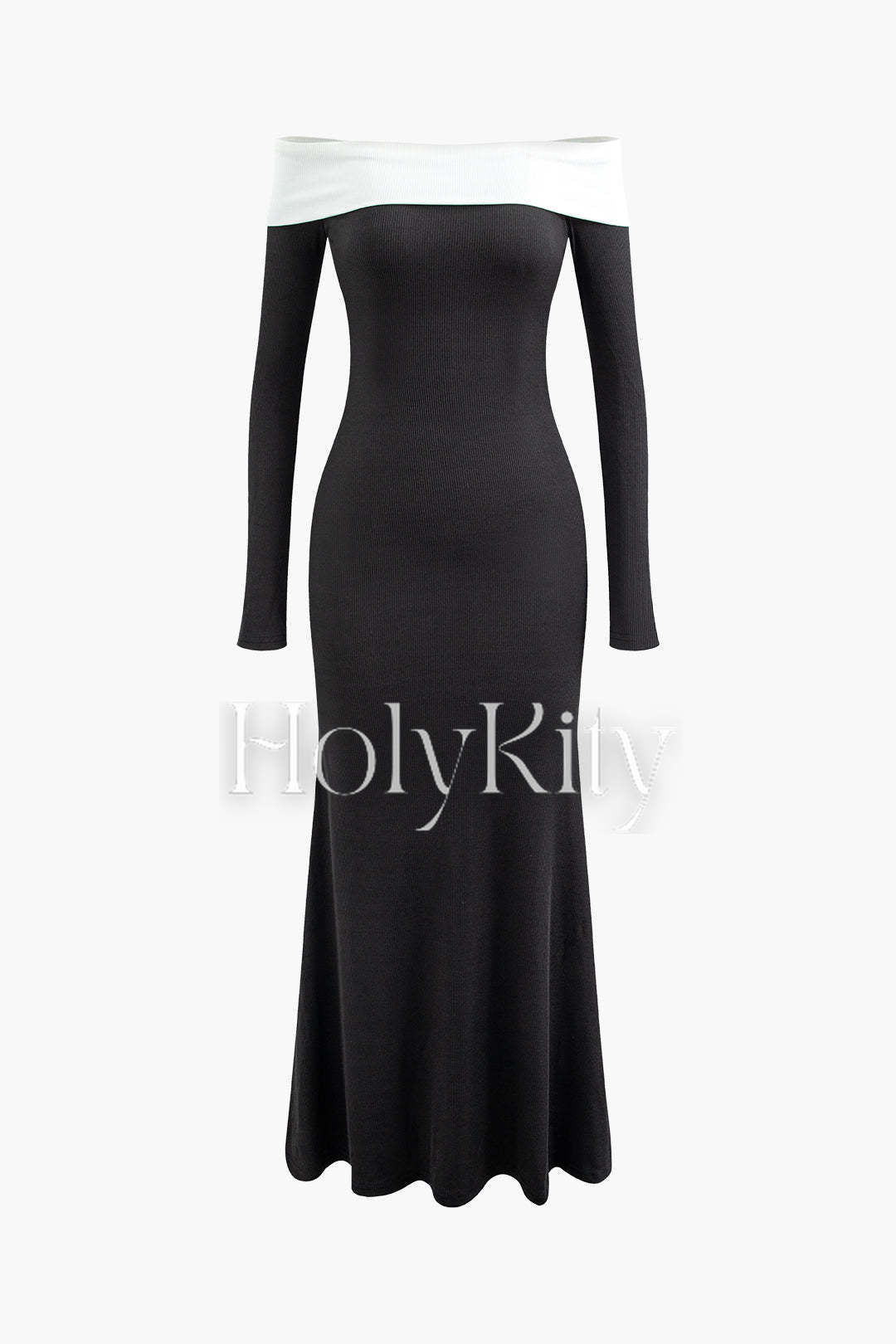 Kontrastierendes, schulterfreies Maxikleid mit langen Ärmeln 