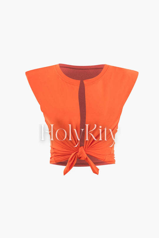 T-shirt court à épaules rembourrées et nœud sur le devant 