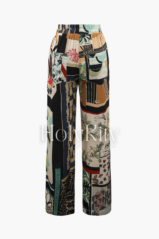 Floral Print Elastic Waist Pants