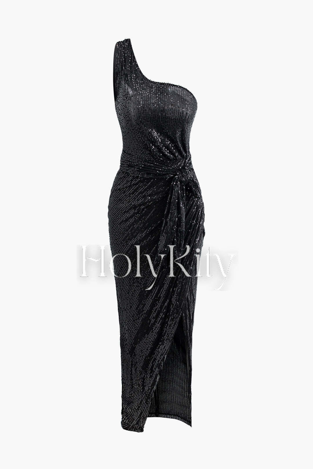 Robe longue asymétrique fendue à sequins et nœud sur le côté 