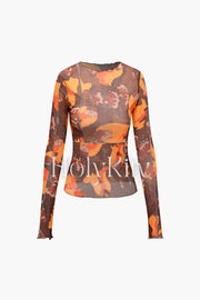 Printed Round Neck Mesh Long Sleeve Top