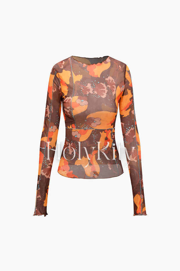 Printed Round Neck Mesh Long Sleeve Top