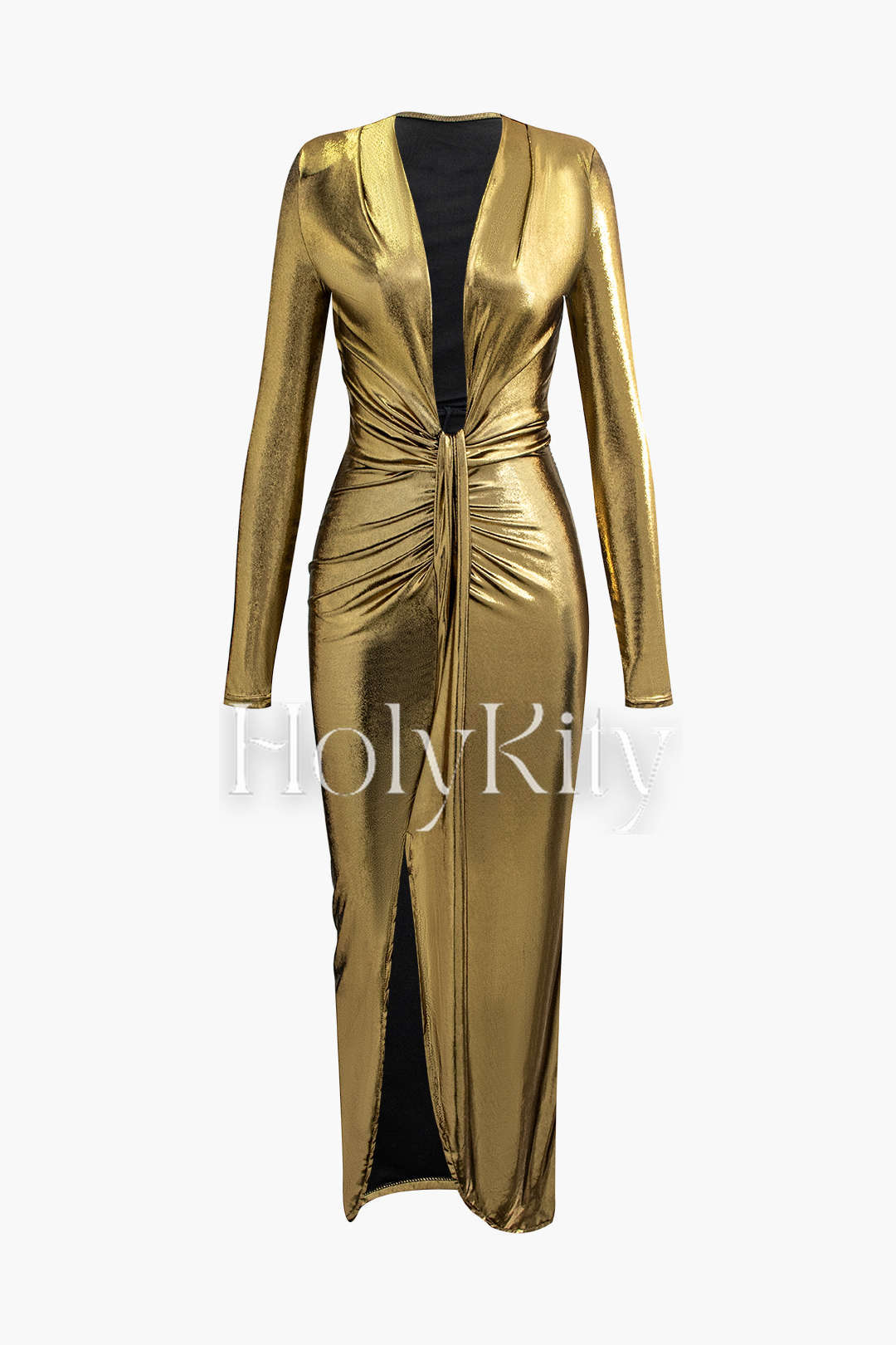 Metallic-Maxi-Wickelkleid mit V-Ausschnitt, gerafftem Schlitz 