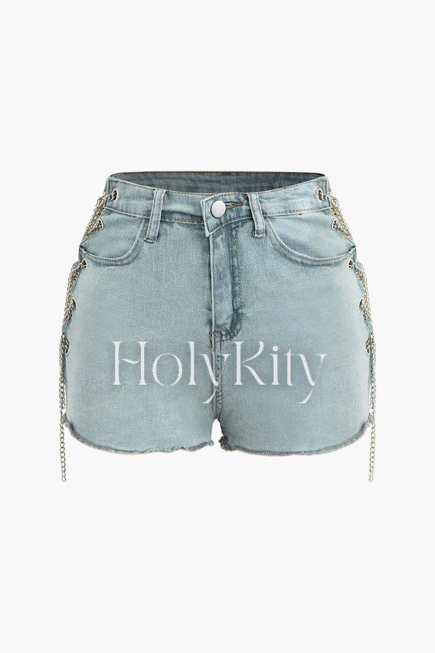 Contrast Denim Shirt And Chain Detail Shorts Set
