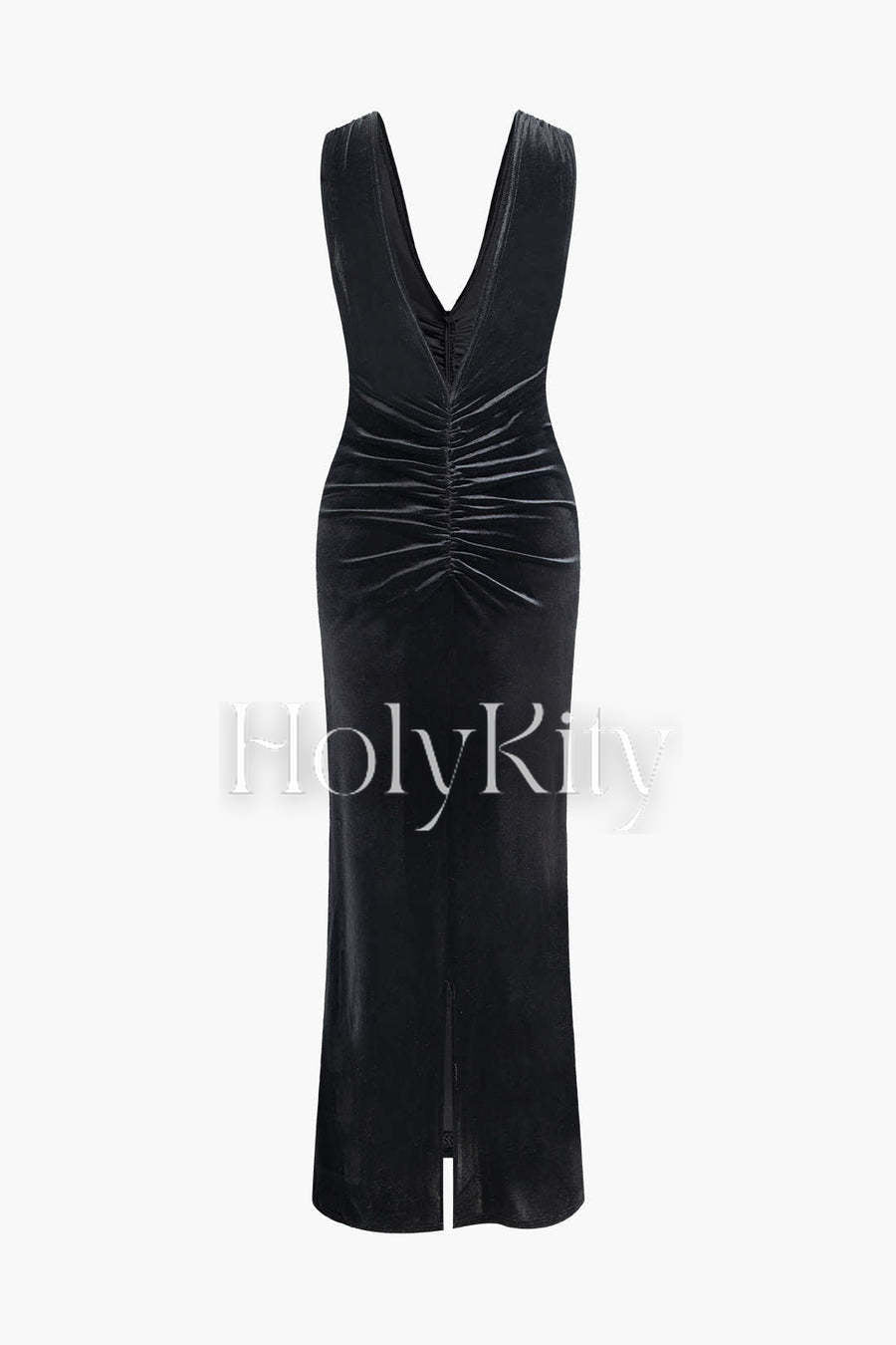 V-neck Sleeveless Velvet Ruched Slit Maxi Dress
