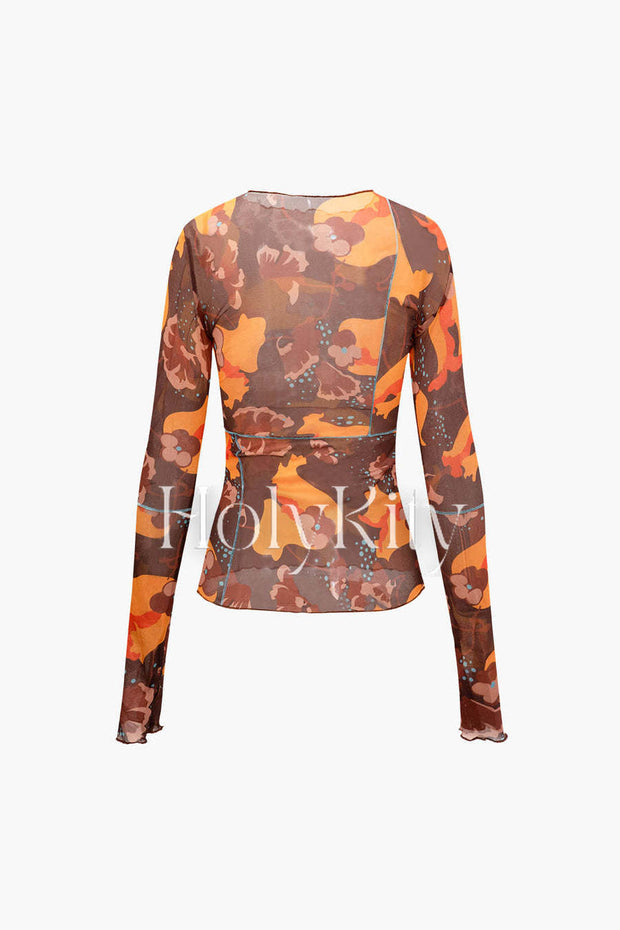 Printed Round Neck Mesh Long Sleeve Top