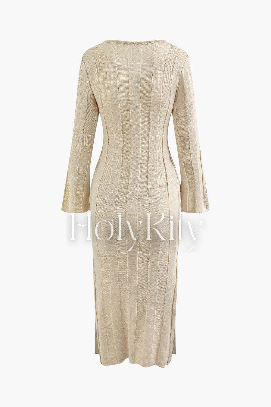 Robe longue fendue en tricot à manches cloche et col en V 