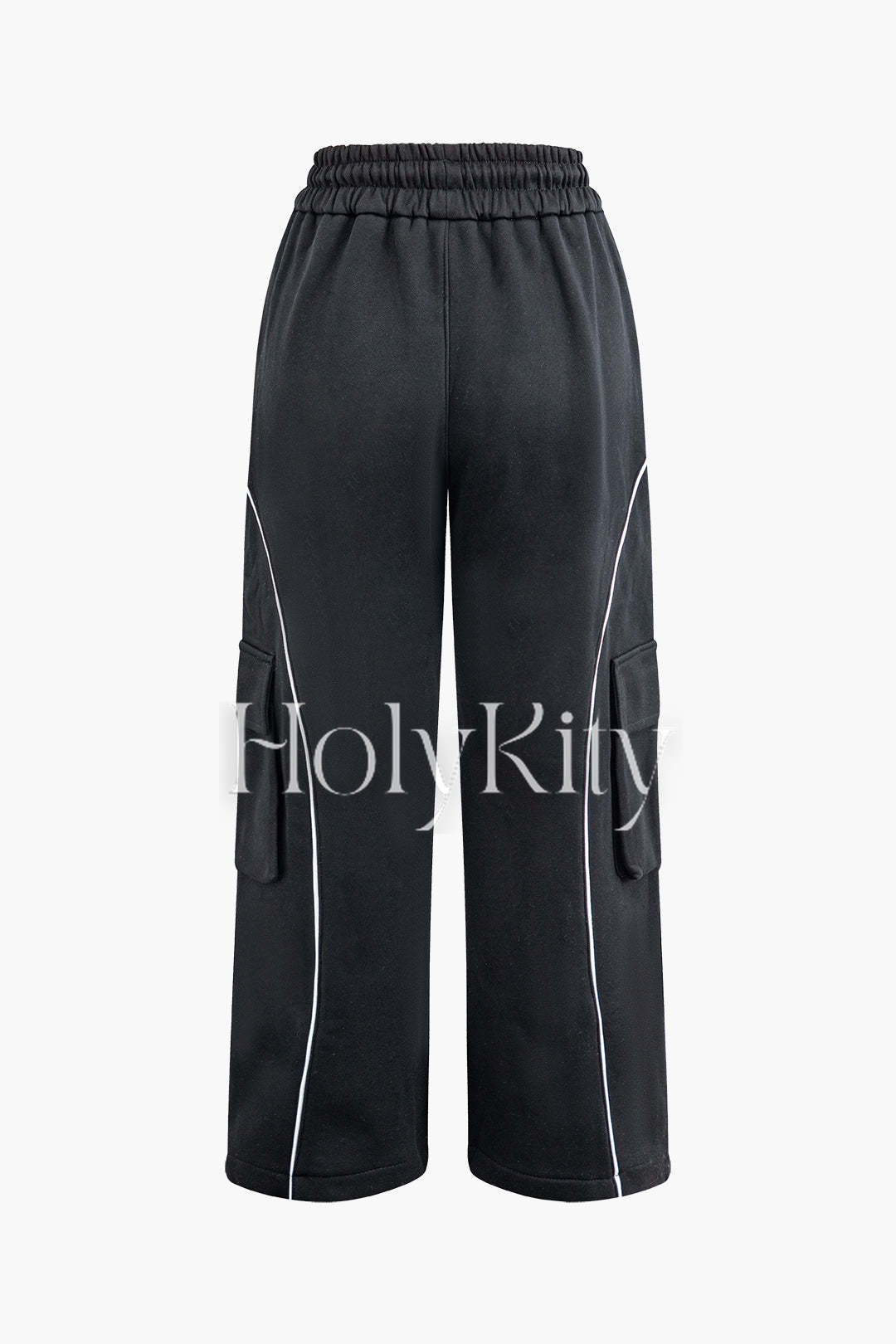 Pantalon droit taille haute à cordon de serrage et poches à rabat 