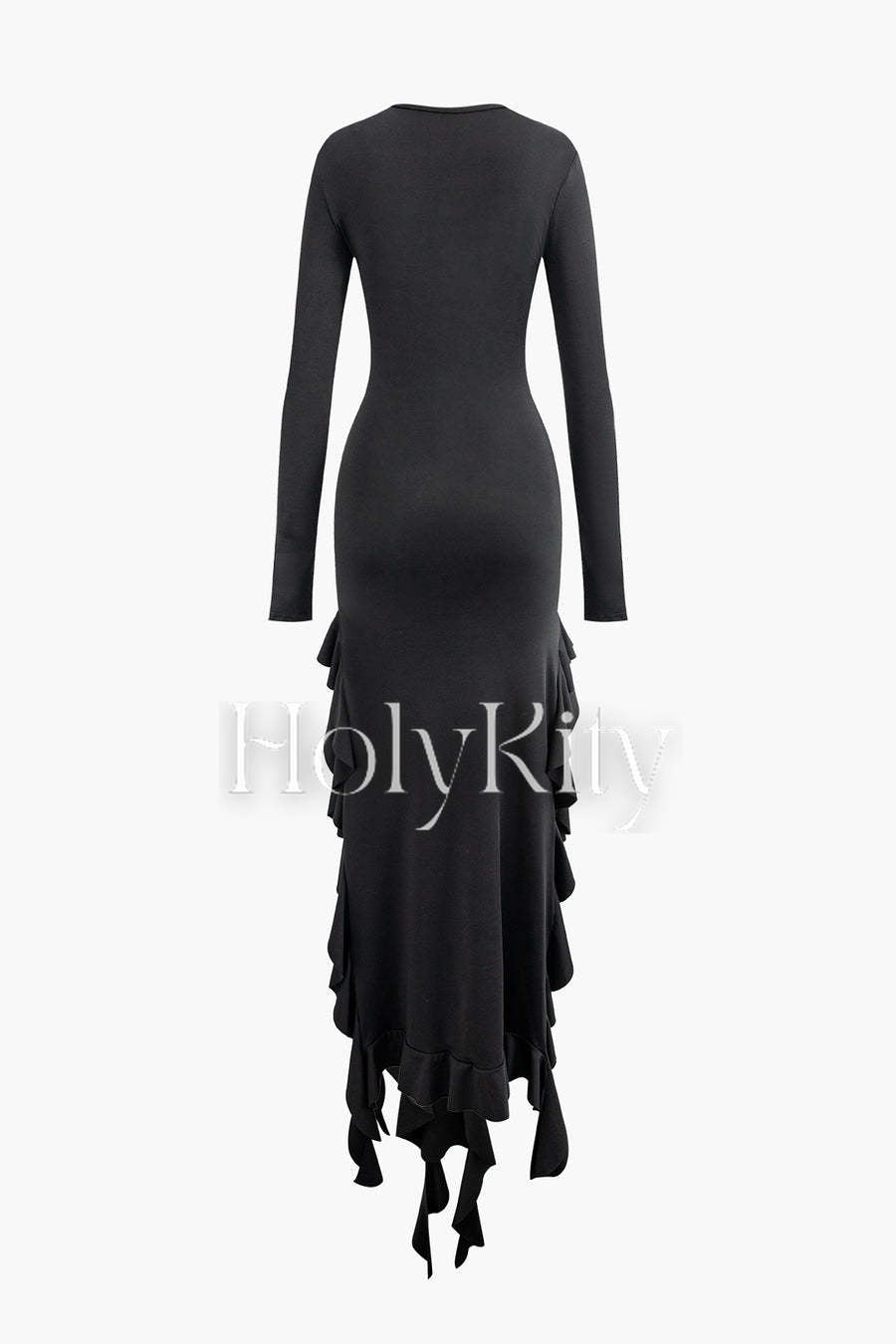 Robe longue à manches longues et col rond avec ourlet à volants 