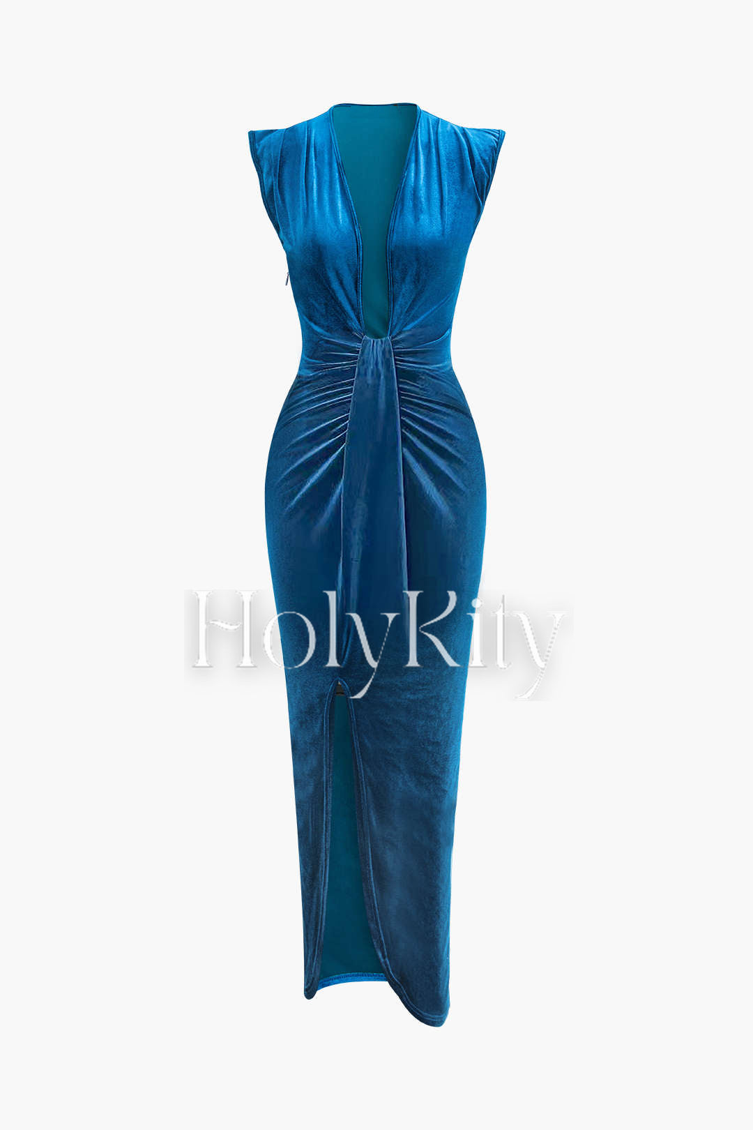 Robe longue fendue en velours à col en V et manches courtes froncées 