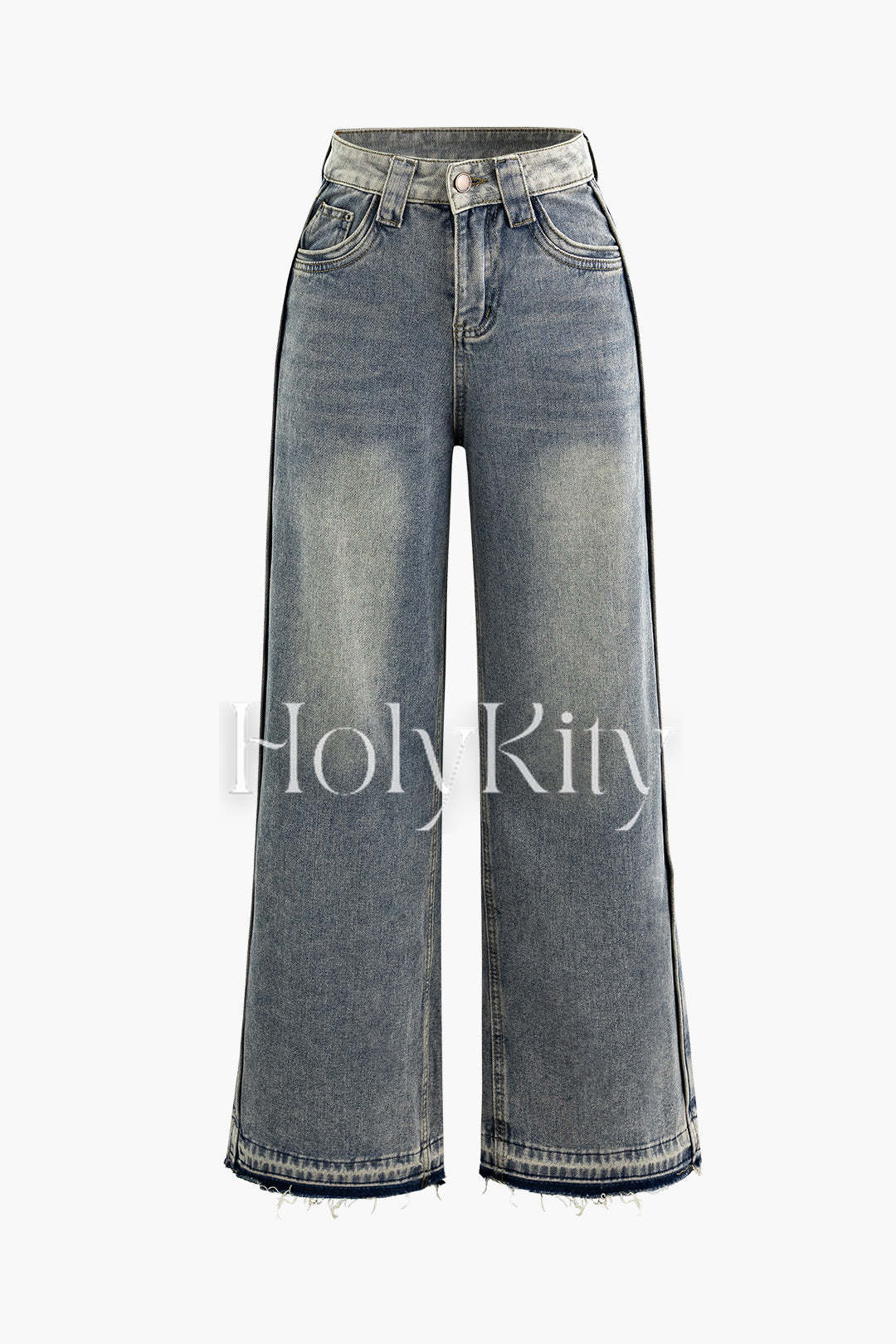 Jean taille haute à ourlet effiloché et jambe droite 