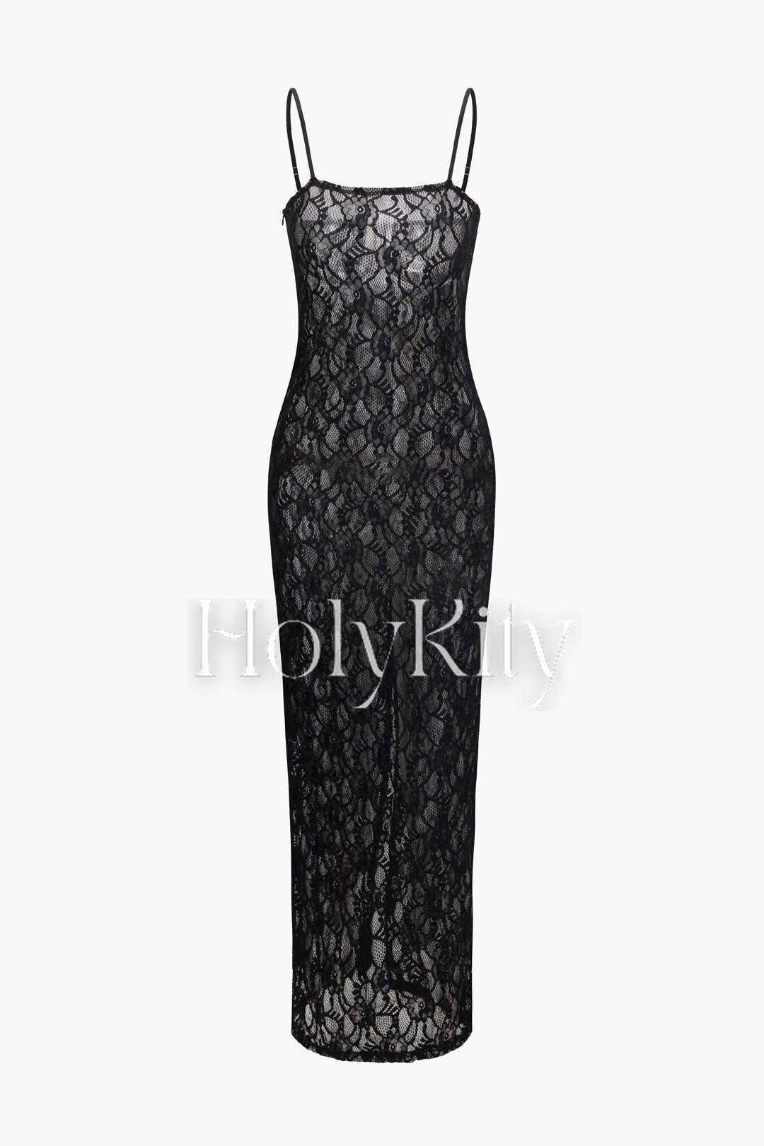 Maxikleid mit Blumenmuster und Schlitz aus transparenter Spitze 