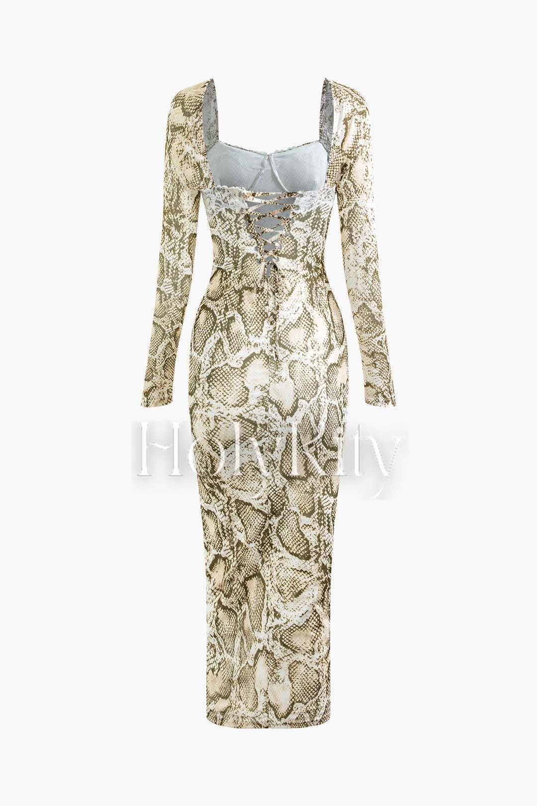 Robe longue à imprimé peau de serpent, col carré, bordure en dentelle, nouée dans le dos 