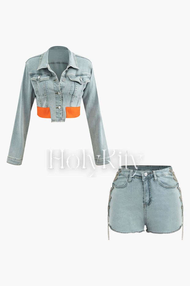 Contrast Denim Shirt And Chain Detail Shorts Set