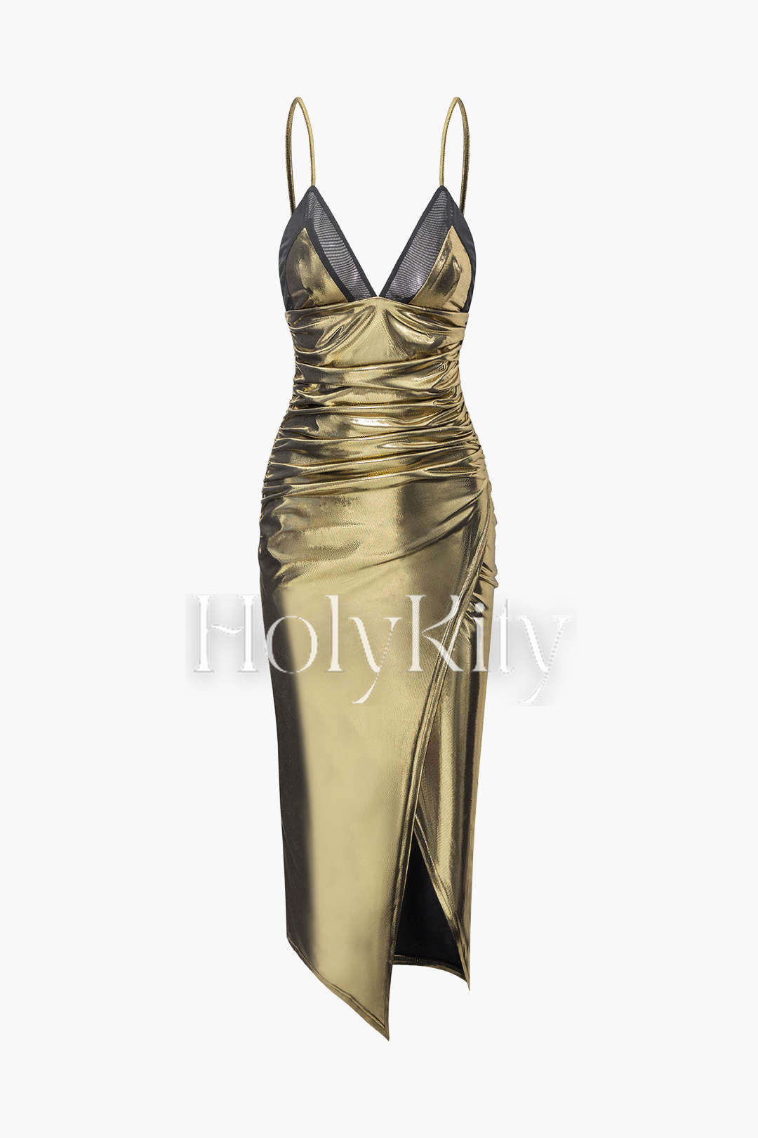 Metallic-Midikleid mit V-Ausschnitt, Rüschen und Schlitz 