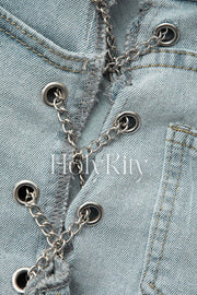 Contrast Denim Shirt And Chain Detail Shorts Set