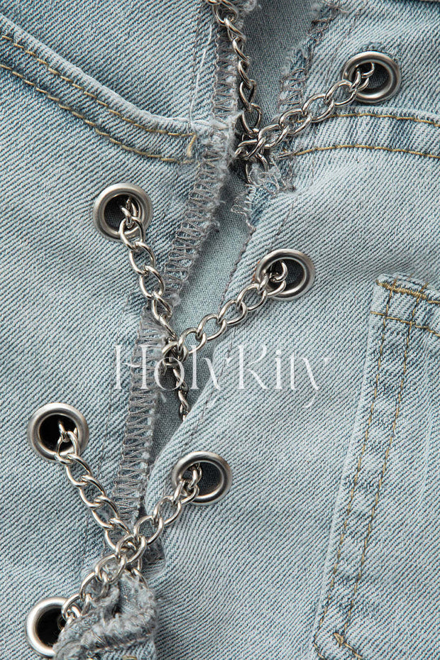 Contrast Denim Shirt And Chain Detail Shorts Set