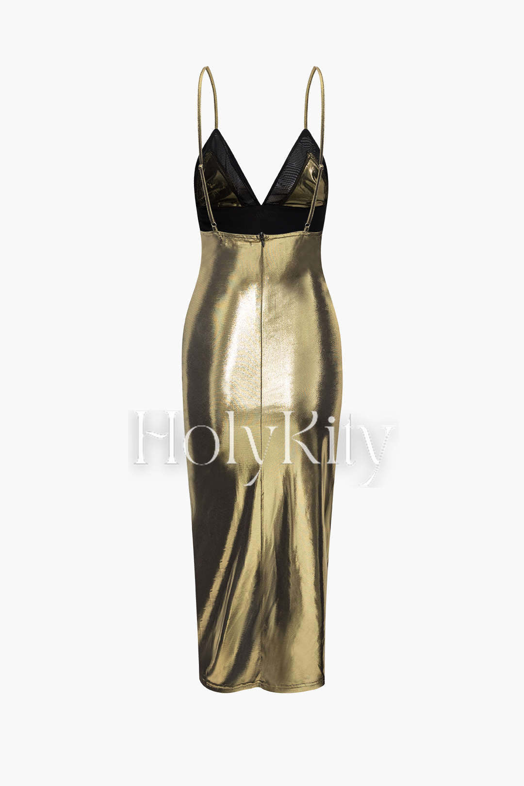 Metallic-Midikleid mit V-Ausschnitt, Rüschen und Schlitz 