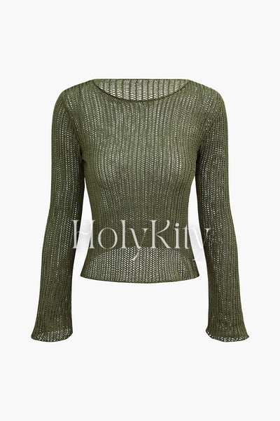 Round Neck Long Sleeve Open Knit Top