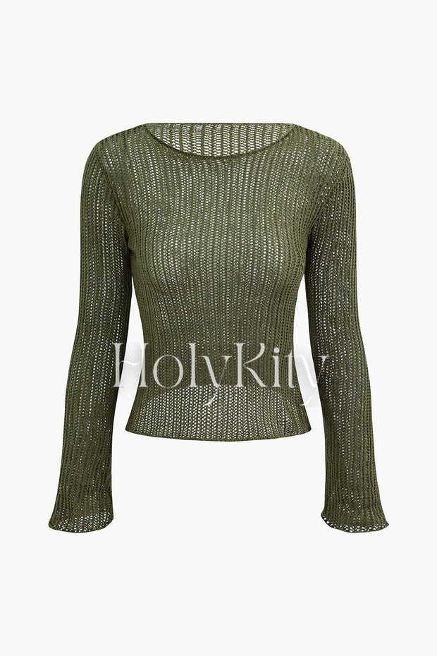 Round Neck Long Sleeve Open Knit Top