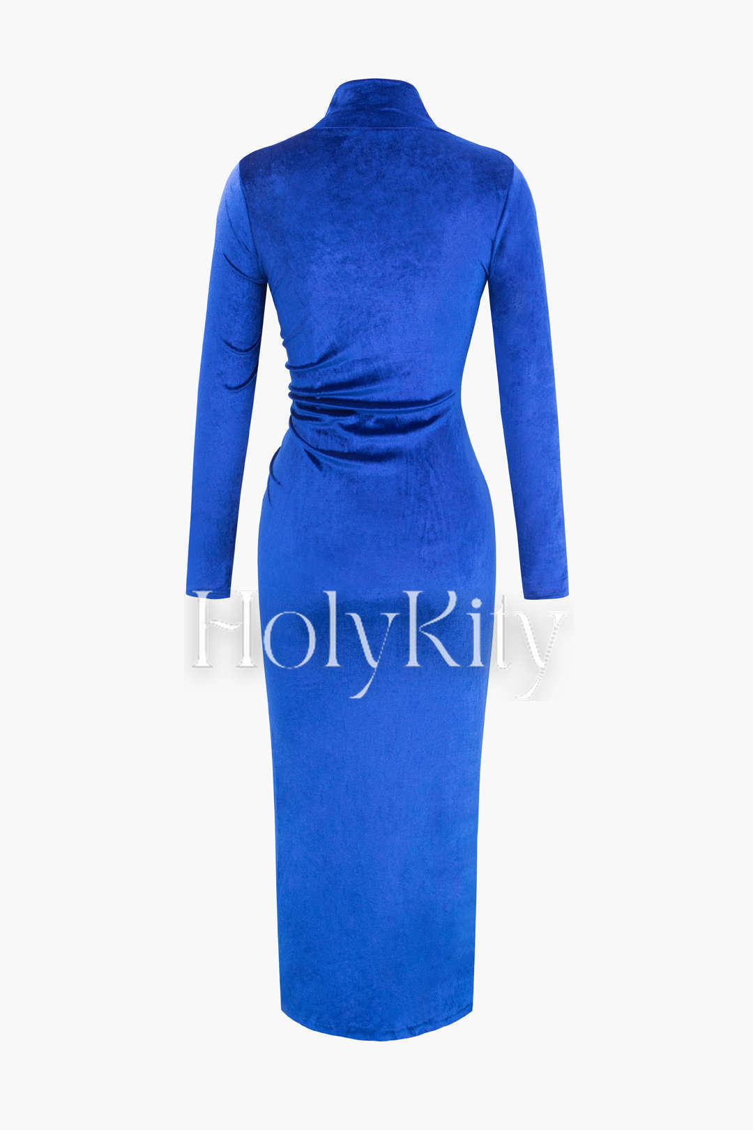 Maxikleid aus Samt mit Stehkragen, Rüschen und Schlitz 
