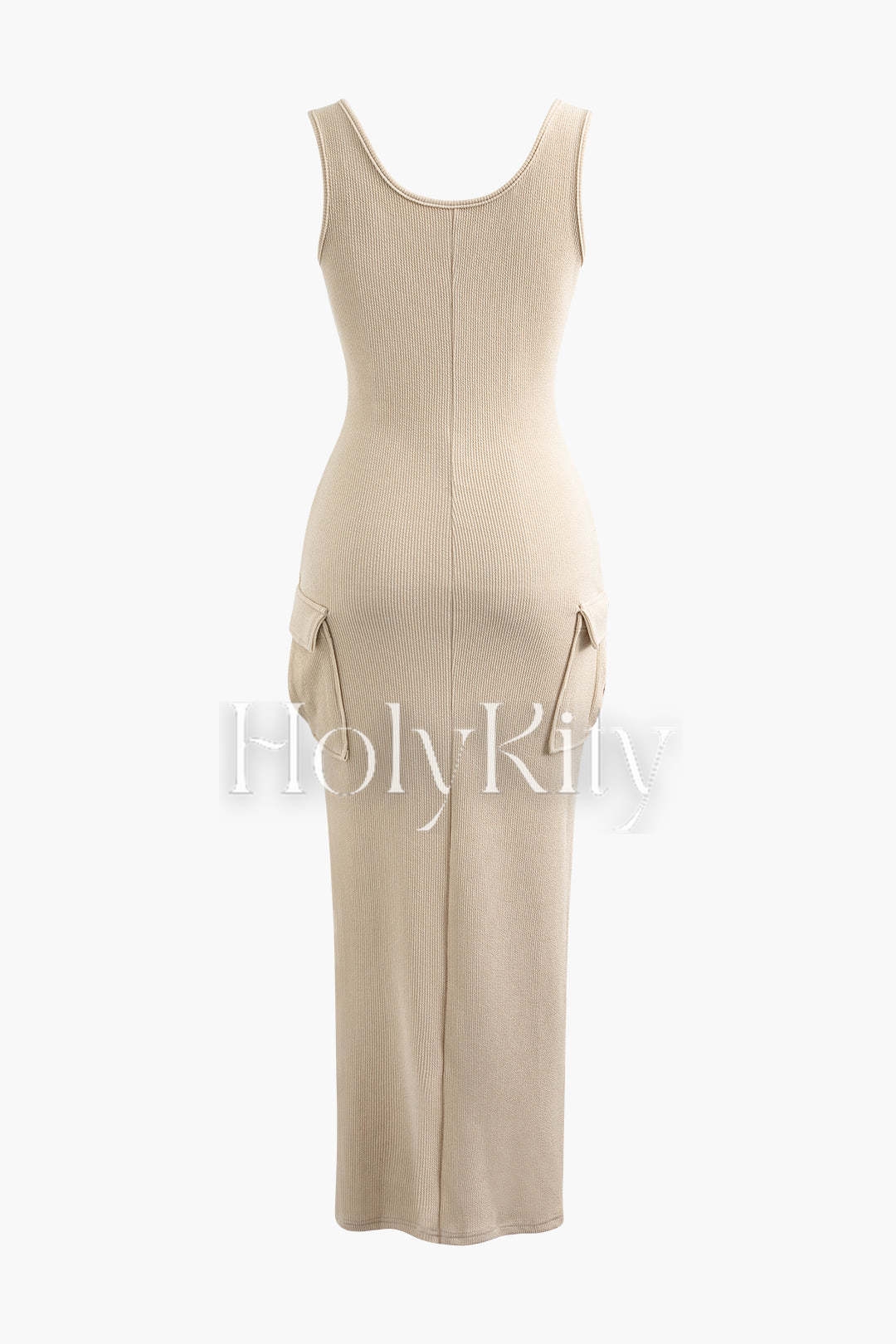 Robe longue sans manches en tricot côtelé à col en U et poches à rabat 