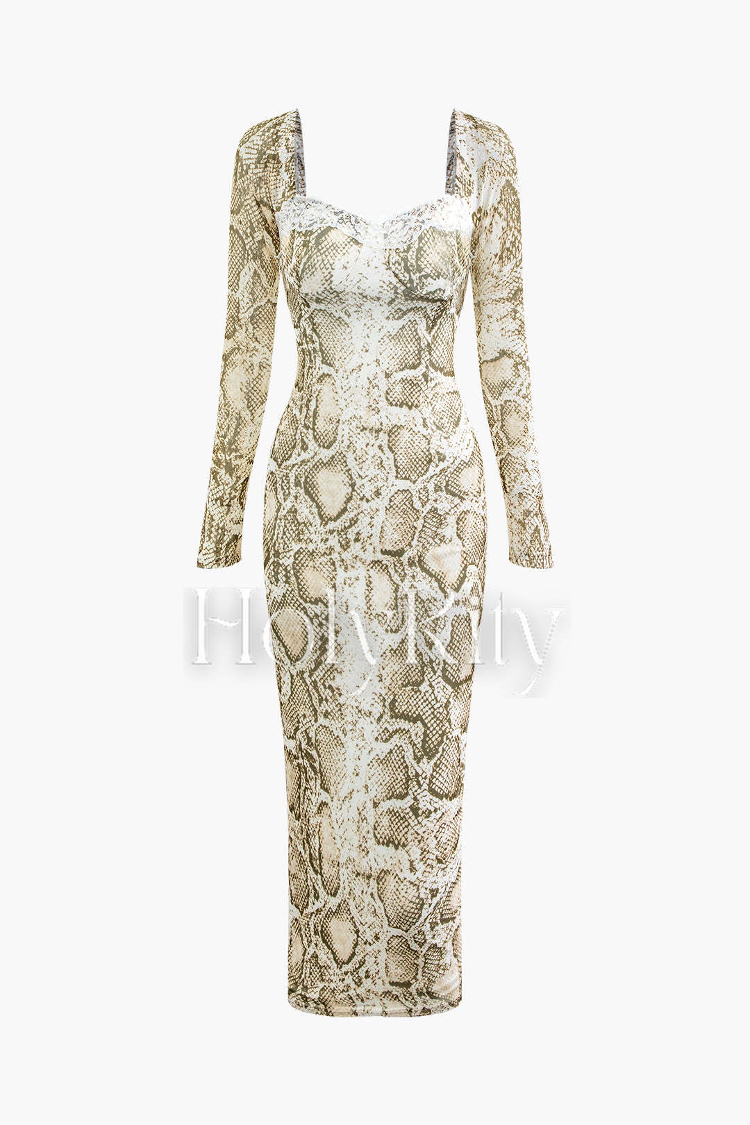 Robe longue à imprimé peau de serpent, col carré, bordure en dentelle, nouée dans le dos 