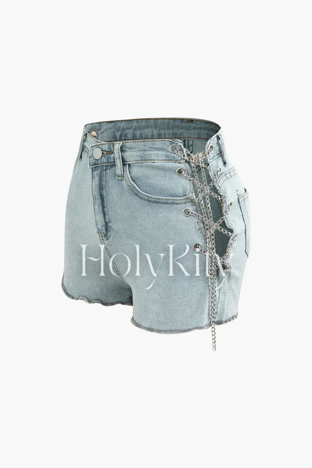 Contrast Denim Shirt And Chain Detail Shorts Set