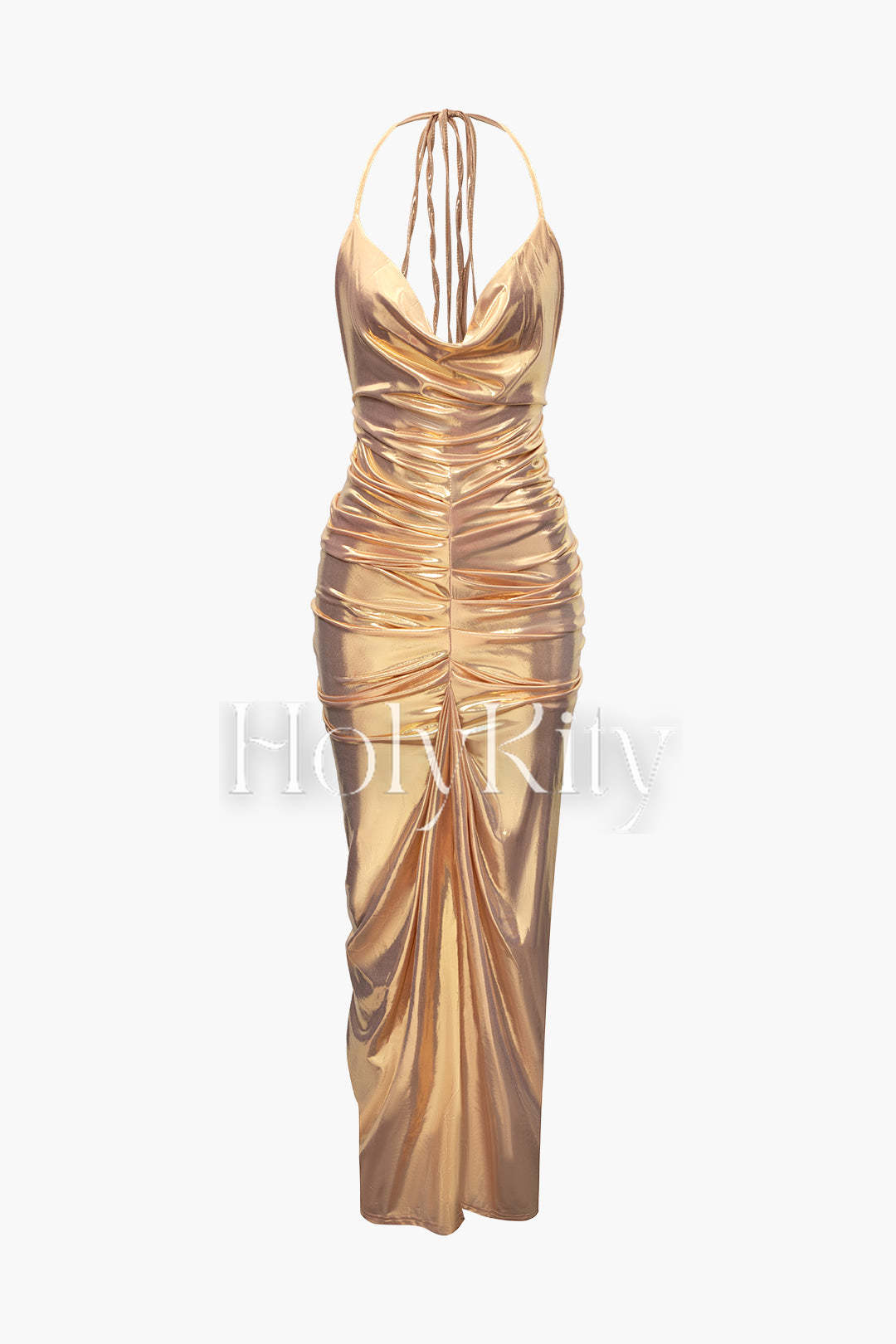 Metallic-Maxikleid mit Neckholder und Rüschen 