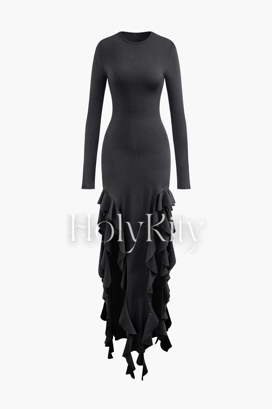 Robe longue à manches longues et col rond avec ourlet à volants 