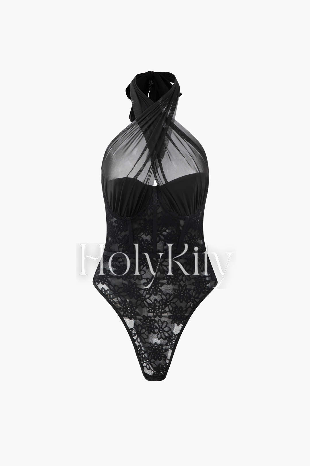 Body en dentelle à motif floral et col licou 