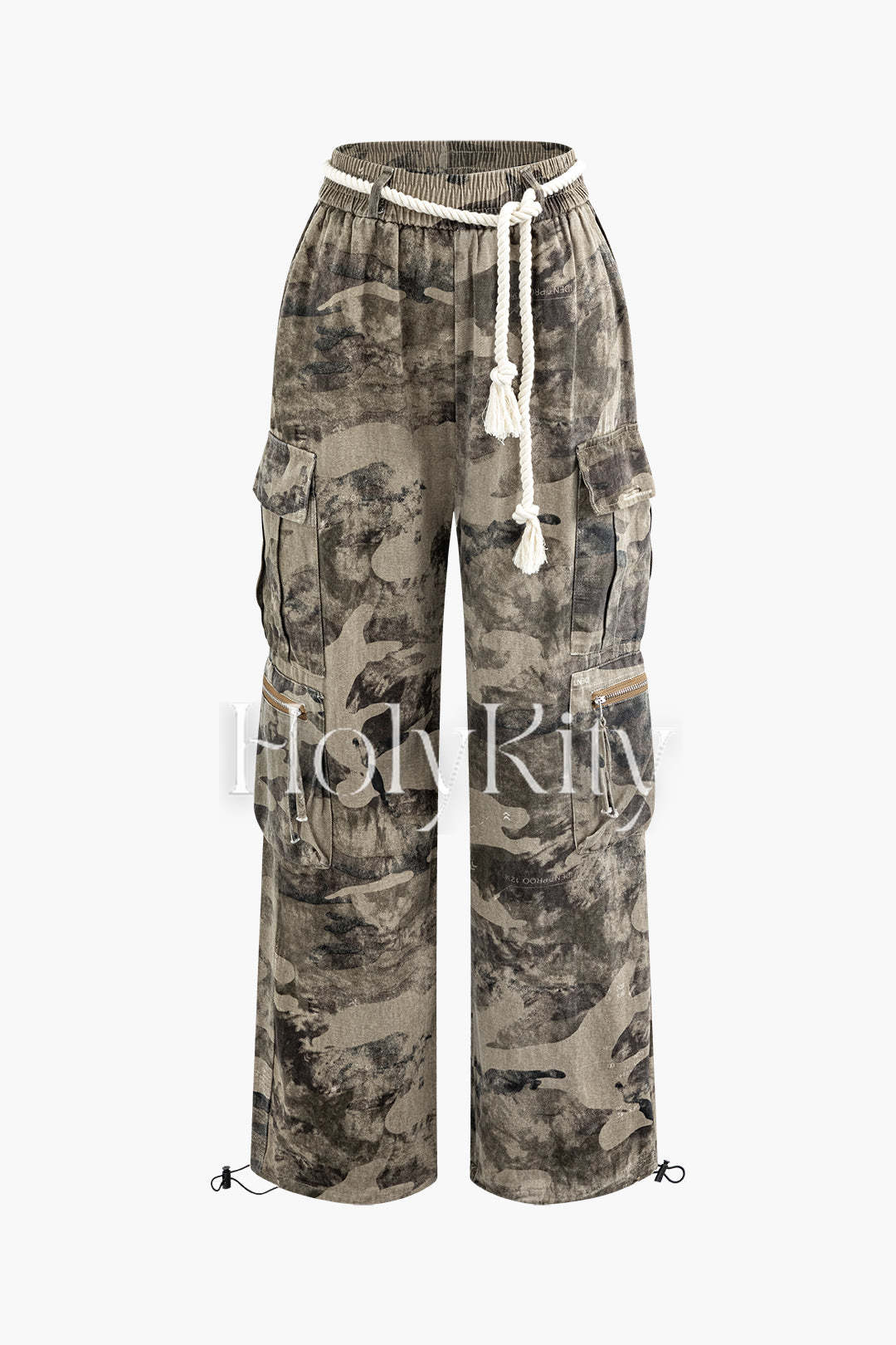 Pantalon cargo droit taille haute tie-dye à poches multiples et cordon de serrage 